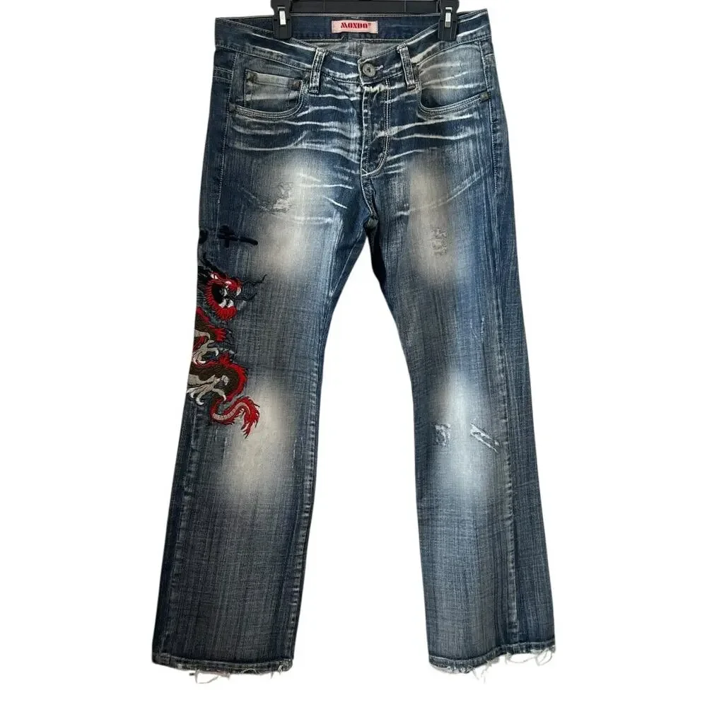 Mondo Red Dragon Embroidered Distressed Relax Fit Jeans Men Size 36